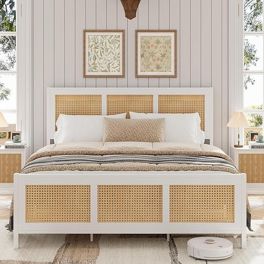 GarveeHome King Size Rattan Bed Frame with Headboard, White Boho Cane Platform Bed Frame with Strong Metal Slat, Noise Free, No Box Spring Needed