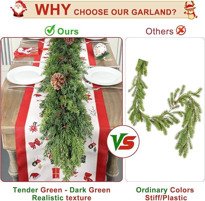 6 Ft Real Touch Christmas Garlands with Pine Cone,Thick and Lush，Bendable guirnaldas navideñas, Lifelike Pine Cedar Garland, Christmas Garland for Mantle,Indoor Outdoor Christmas Decorations