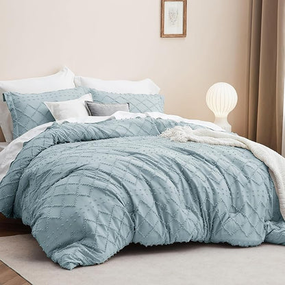 Bedsure Twin Comforter Set - Dusty Blue Comforter, Boho Tufted Shabby Chic Bedding for Kids, 2 Pieces Vintage Farmhouse Bed Set for All Seasons, Fluffy Soft Bedding with 1 Pillow Sham