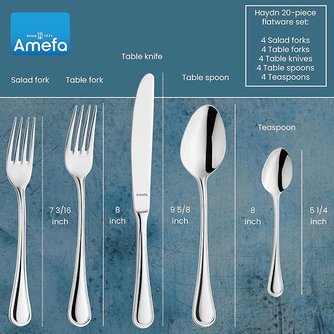 Amefa Haydn 20-piece 18/10 Stainless Steel Flatware Set, High Gloss Finish, Silverware Set Service for 4, Dishwasher Safe, Rust resistant Cutlery.