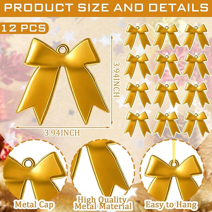 12 Pcs 2025 Christmas Metal Bow Ornaments Bulk for Christmas Tree Garland Wreath Fireplace Vintage Gold Bow Ornaments Indoor Outdoor Home Xmas Party Decorations