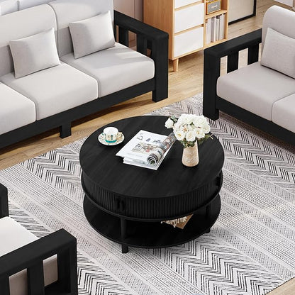 31.5” Round Coffee Table with Storage, Mid Century Modern 2 Tier Coffee Table with Tambour Sliding Door, Solid Wood Legs Fluted Center Table for Living Room Home Office Small Space, Black