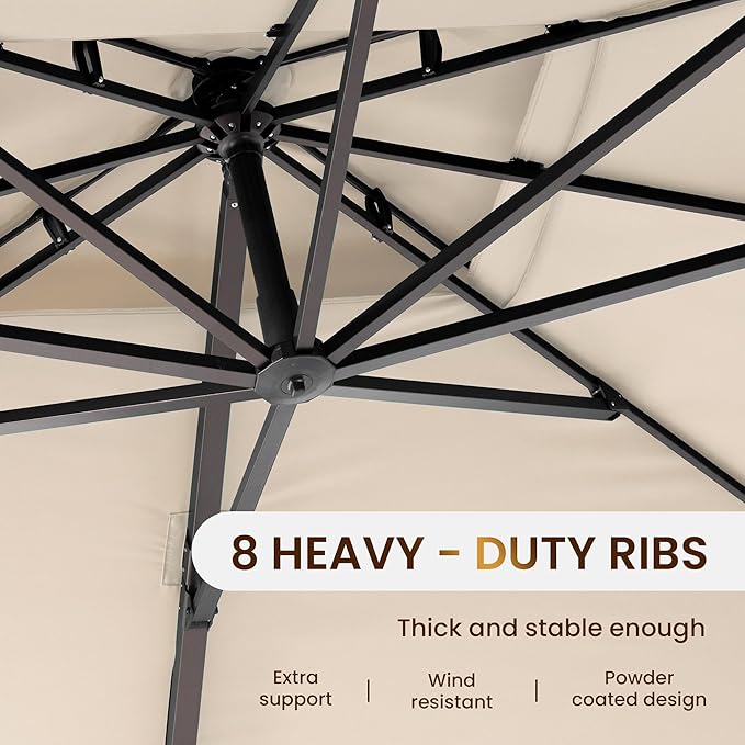 10 X 13 FT Cantilever Patio Umbrella with Base Included Outdoor Heavy Duty Double Top Windproof Rectangle Offset Umbrellas with 360-degree Rotation for Pool Deck Backyard, Beige