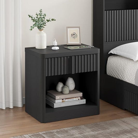 Fluted Nightstand with Charging Station, 23.6" End Table with Solid Wood Handle, Curved Profile Design, Mid Century Moden Bedside Table for Bedroom, Black
