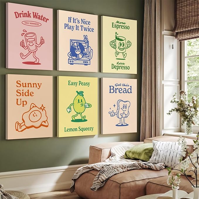 Youillne Retro Trendy Wall Art Decor Kitchen Aesthetic Canvas Art Prints Vintage Cute Pictures Funny Green Pink Yellow Blue Cartoon Wall Art Set of 6 8x10 Inch Ready to Hang