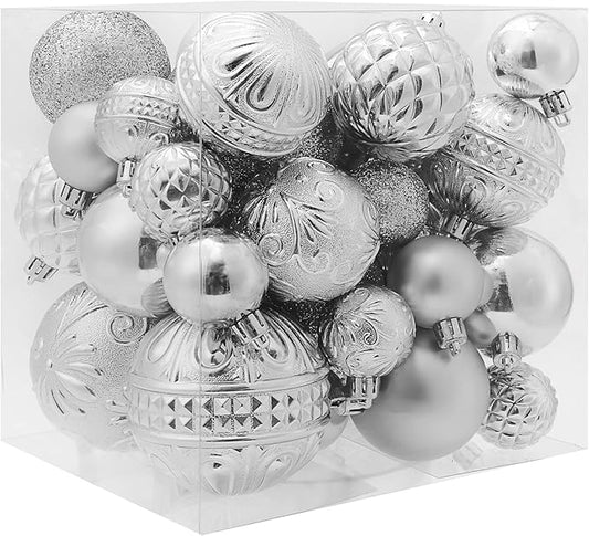 Christmas Ball Ornaments Silver Christmas Tree Decorations with Hang Rope-36pcs Shatterproof Christmas Ornaments Set with 6 Styles in 3 Sizes(Small Medium Large)