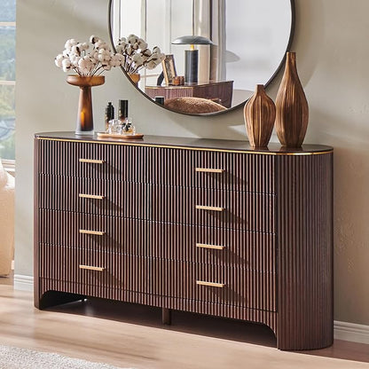 Fluted 8 Drawer Dresser for Bedroom with Curved Profile Design,53.9" W Wide Chest of Drawers with Reeded Front Panels,Wide Storage Cabinet with Smooth-Glide Drawers for Living Room,Brown Oak