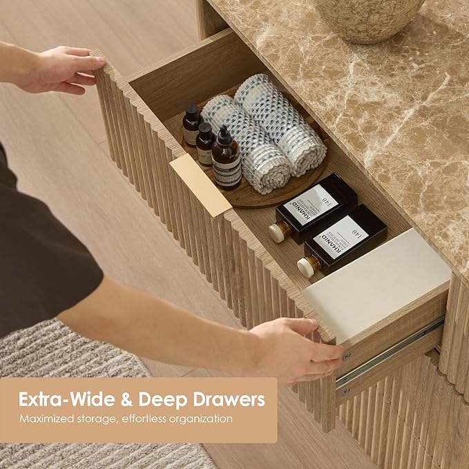 Fluted 9 Drawer Dresser for Bedroom, 63" Wide Modern Chest of Drawers with Faux Marble Top, Curved Corners, Wooden Dresser TV Stand with Organizer Storage for Living Room (Natural Oak, 63" W)