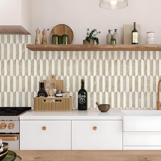 Vamos Tile Peel and Stick Backsplash Seamless Tile,Stick on Backsplash for Kitchen and Bathroom,Light Cream Green Slate and Dolomite White PVC Self Adhesive Mosaic Tiles (10 Sheets)