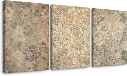 Vintage Flower Wall Art Decor Beige Floral Canvas Wall Art Botanical Rustic Pictures Prints Farmhouse Antique Painting Vintage Flower Poster for Living Room Bedroom 12x16 Inch Wrapped Canvas Set of 3