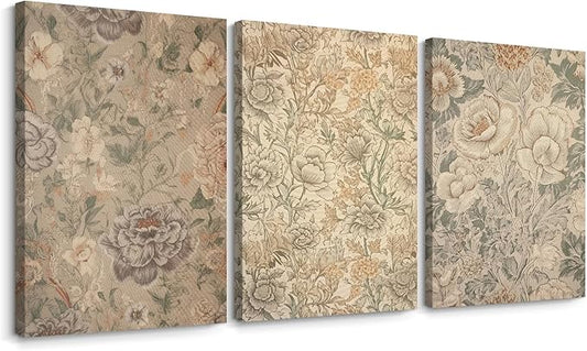 Vintage Flower Wall Art Decor Beige Floral Canvas Wall Art Botanical Rustic Pictures Prints Farmhouse Antique Painting Vintage Flower Poster for Living Room Bedroom 12x16 Inch Wrapped Canvas Set of 3