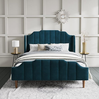 SHA CERLIN Upholstered Queen Size Bed Frame with Modern Curved Velvet Wingback Headboard/Heavy Duty Wood Platform Bed with Strong Wood Slat Support/No Box Spring Needed, Blue