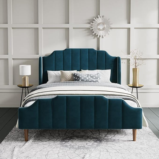 SHA CERLIN Upholstered Queen Size Bed Frame with Modern Curved Velvet Wingback Headboard/Heavy Duty Wood Platform Bed with Strong Wood Slat Support/No Box Spring Needed, Blue
