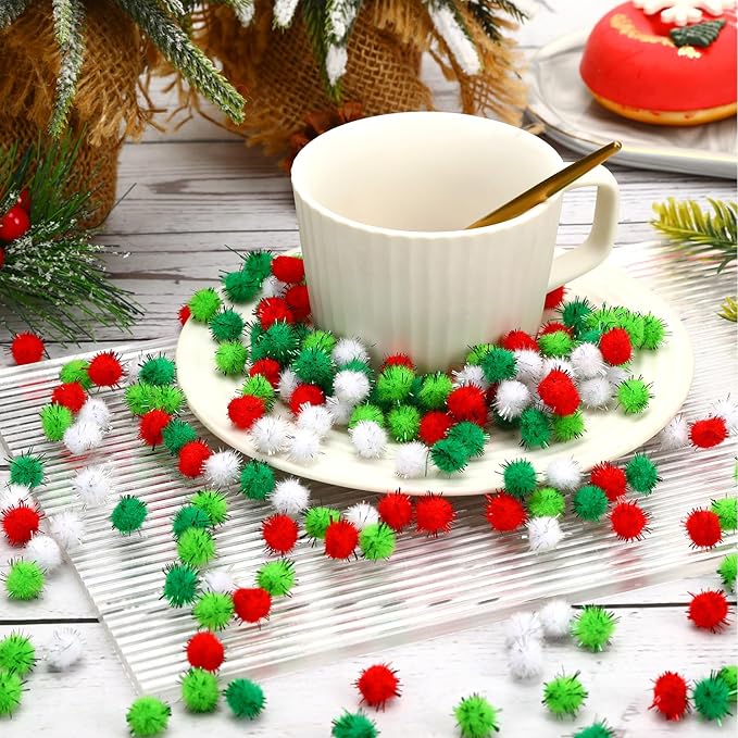 SEPGLITTER Christmas Pom Poms Balls, 1000 Pieces Glitter Red Light Green White Pompoms Pom Poms for Crafts Making DIY Holiday Christmas Decorations Supplies (4colors, 1.2cm )