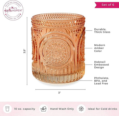 Kate Aspen Ribbed Retro Arch Floral Rose Gold Drinking Glasses Set of 6, (10 oz) Vintage Glassware Set Cocktail Glass Set, Juice Glass, Water Cups | Great Hostess Gift & Gift for New Home Owners