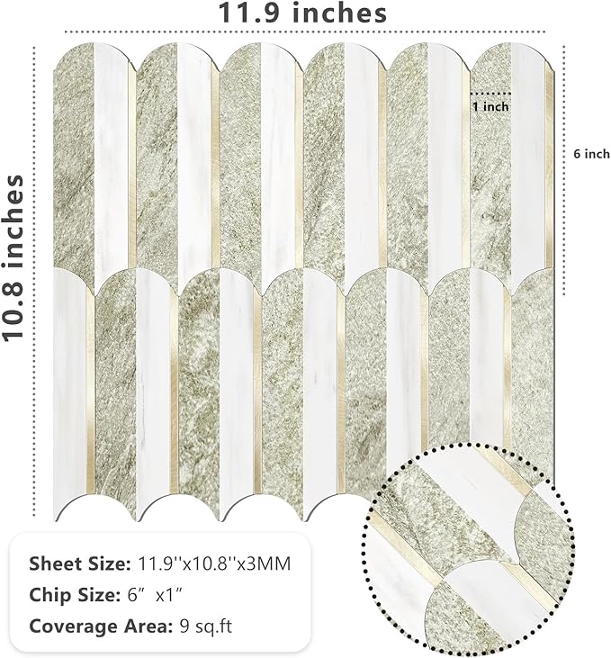 Vamos Tile Peel and Stick Backsplash Seamless Tile,Stick on Backsplash for Kitchen and Bathroom,Light Cream Green Slate and Dolomite White PVC Self Adhesive Mosaic Tiles (10 Sheets)