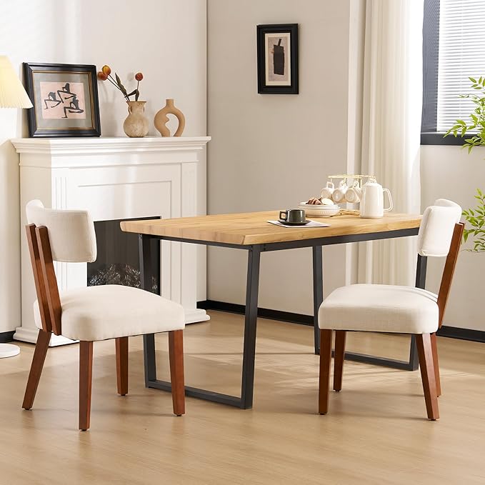 MOJAY Dining Chairs Set of 2, Mid Century Modern Kitchen Chairs Farmhouse Linen Fabric Side Chairs with Curved Backrest for Kitchen, Dining Room, Restaurant, or Patio, Off-White