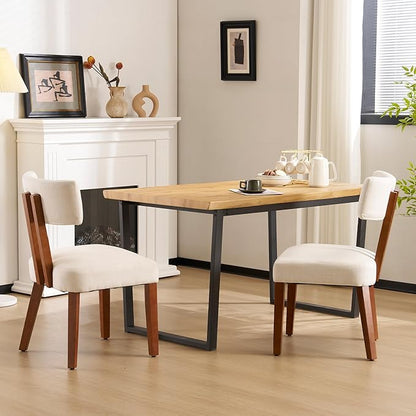 MOJAY Dining Chairs Set of 2, Mid Century Modern Kitchen Chairs Farmhouse Linen Fabric Side Chairs with Curved Backrest for Kitchen, Dining Room, Restaurant, or Patio, Off-White