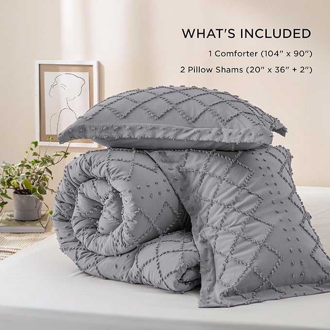 Bedsure King Comforter Set - Grey Comforter, Boho Tufted Shabby Chic Bedding for Kids, 3 Pieces Vintage Farmhouse Bed Set for All Seasons, Fluffy Soft Bedding with 2 Pillow Shams