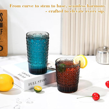 Grey Drinking Glasses Set of 12, 14 Oz Highball & 10 Oz Cocktail Glasses, Grey Kitchen Vintage Glassware Set, Floral Embossed Glass Tumbler Cups for Juice, Whiskey, Water, Beer, Coffee