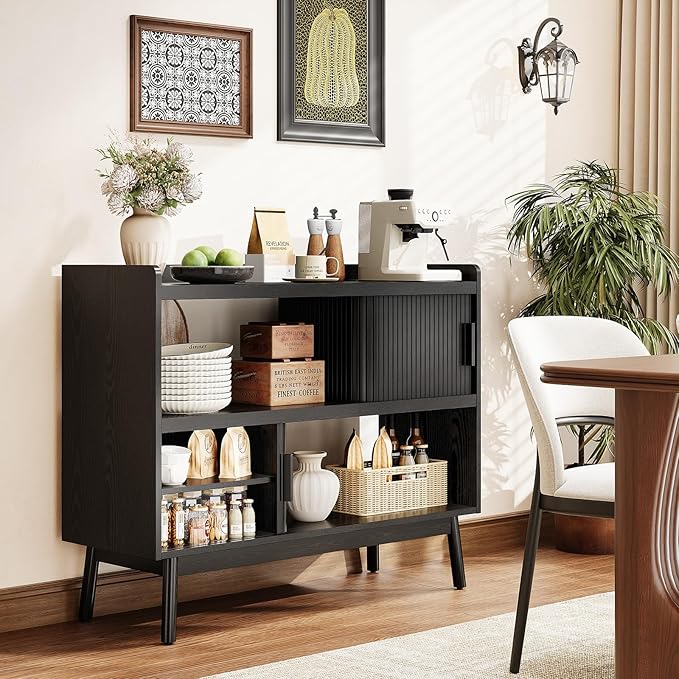 ONBRILL 44" Sideboard Buffet Cabinet with Outlet & 2 Open Storage Spaces, Fluted Sideboard Cabinet with Sliding Door & Adjustable Shelves, Mid-Century Accent Coffee Bar Console Table with Wooden Feet