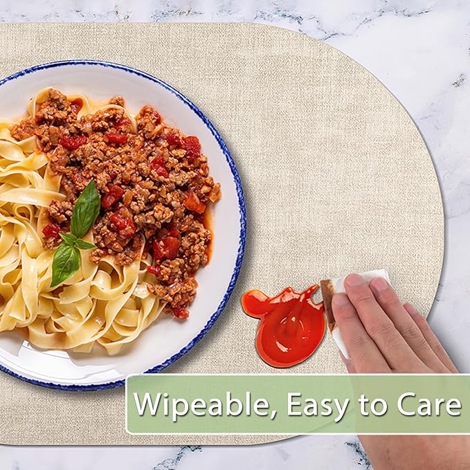 Placemats for Dining Table Set of 4 Non-Slip, Heat Resistant Oval Leather Placemat Double Layer, Waterproof Table Mats Easy to Clean for Kitchen Dining Room Coffee Office Table, Beige