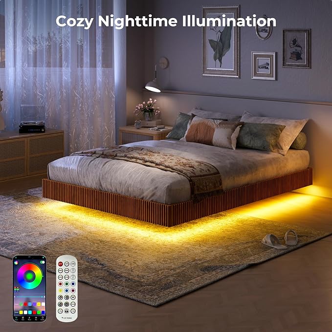 Evermagin Walnut Full Floating Bed Frame with led Lights, Mid Century Modern Fluted Floating Platform Bed No Headboard, Heavy Duty Metal Float Bedframe, No Box Spring Needed