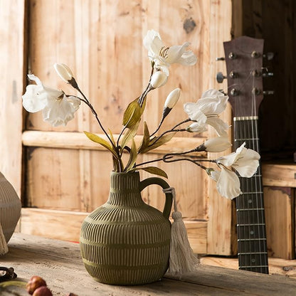 Farmhouse Vase with Handle and Tassel, Grey Yellow Vertical Stripes Design Clay Vase 10'' Tall - Ceramic Flower Vase for Rustic Home Decor, for Fireplace Kitchen Living Room Centerpieces