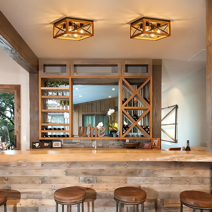 Farmhouse Ceiling Light, 4-Light Flush Mount Ceiling Light with Black Metal and Wood, Rustic Light Fixture for Hallway, Entryway, Kitchen