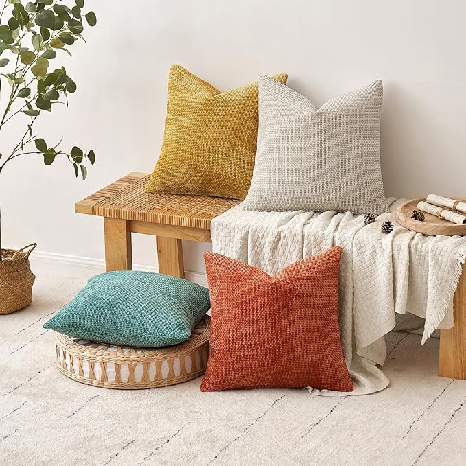 MIULEE Pack of 4 Throw Pillow Covers 18x18 Inch Neutral Orange/Teal Soft Decorative Chenille Pillow Covers Farmhouse Accent Cushion Covers for Boho Home Decor Spring Bedroom Living Room
