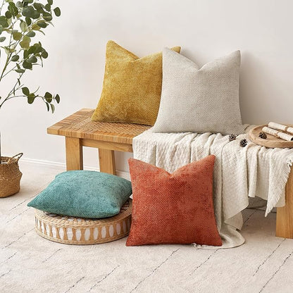 MIULEE Pack of 4 Throw Pillow Covers 18x18 Inch Neutral Orange/Teal Soft Decorative Chenille Pillow Covers Farmhouse Accent Cushion Covers for Boho Home Decor Spring Bedroom Living Room