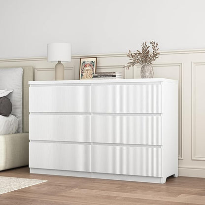 Fluted 6 Drawers Dresser,Modern Large Wood Dresser,Chest of Drawers for Bedroom, Living Room,Hallway,Entryway,TV Stand Drawer Organizer(Fluted White)