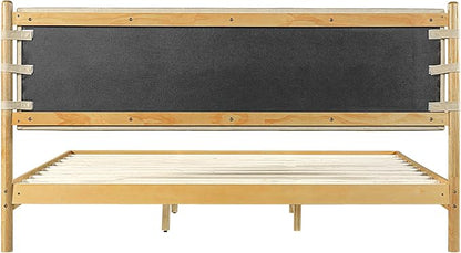 Premium Rubber Wood Platform Bed Frames, King Size Headboard Included, Mid Century Modern Beds, Beige