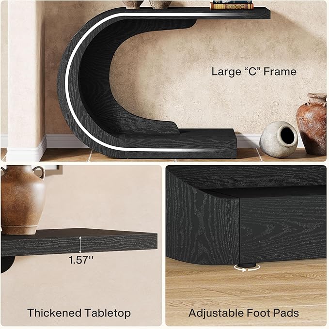 Tribesigns 43.3" Farmhouse Console Table for Entryway, Unique C-Shaped Rustic Sofa Table Behind Couch with Storage for Living Room, Hallway, Entry, Entrance, Foyer, Easy Assembly, Black