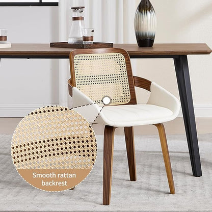 Dining Chairs Set of 2, Mid Century Modern Dining Room Chairs with Arms and Rattan Back PU Leather Upholstered Bentwood Kitchen Chairs for Home Restaurant Office - Beige