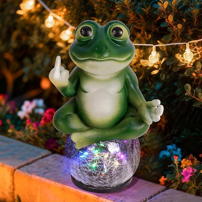 Meditating Frog Solar Garden Statue with Crackle Glass LED Light - Humorous Zen Yoga Animal Decor - Funny Gag Gifts for Patio Lawn and Pool Area - Christmas House Warming Gifts New Home