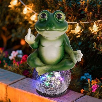 Meditating Frog Solar Garden Statue with Crackle Glass LED Light - Humorous Zen Yoga Animal Decor - Funny Gag Gifts for Patio Lawn and Pool Area - Christmas House Warming Gifts New Home
