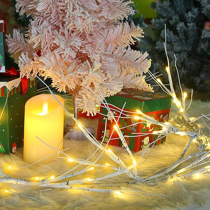 LOMIMOS 6FT Spring Lighted Birch Garland,Battery Operated Twig Vine with Timer 48 Lights for Xmas Spring Thanksgiving Wedding Party Decoration Fireplace Mantle Wall