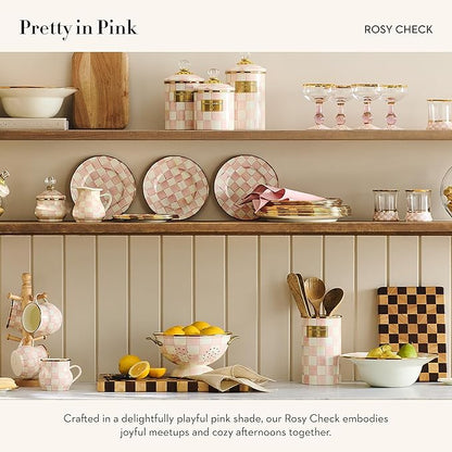 MACKENZIE-CHILDS Enamel Utensil Holder, Kitchen Utensil Holder for Countertop, Storage Caddy, Pink-and-White Rosy Check