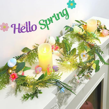 LOMIMOS 6.7FT Easter Lighted Garland,Artificial Spring Vine Branche with Easter Egg Berries Flower for Mantle Fireplace Home Table Party Decoration