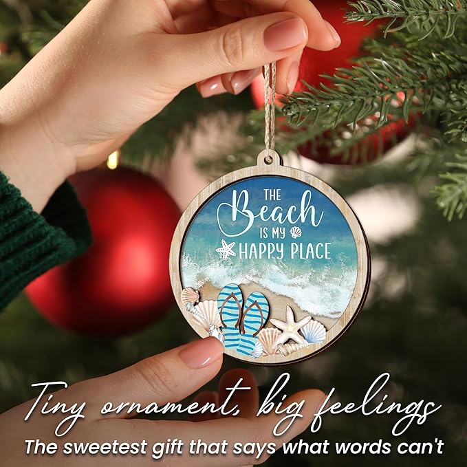 Beach Gifts for Women Men - Wooden Christmas Ornaments 2025 for Tree Decorations - Beach Themed Gifts for Mom Dad Family Friends Couple, Beachy Coastal Decor for Christmas Decorations