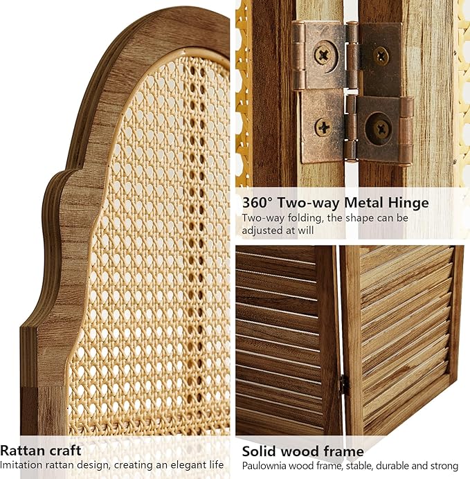 4 Panels Room Divider Wall, Rustic Rattan Room Divider, Wood Folding Privacy Screen, Foldable Wood Divider Wall, Portable Partition Screen, Wall Divider for Room Separation (Brown)