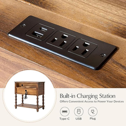 HULALA HOME Farmhouse Storage End Table with 2 Drawers and Open Shelf, Solid Wood Side Table with Spindle Legs, Nightstand with Charging Station (Walnut)