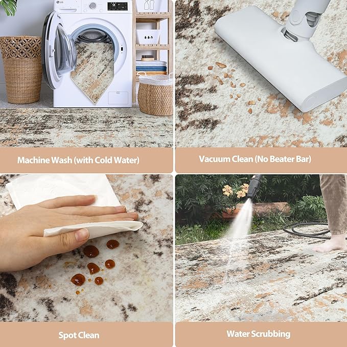 5x7 Area Rugs for Living Room Rug Washable: Abstract Rug for Dining Room Bedroom Carpet Non Slip 5 by 7 Indoor Modern Nursery Home Office Brown Beige