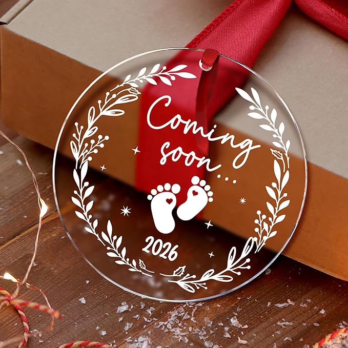 Baby Coming Soon 2026 Ornament Acrylic - Expecting Baby Mom Dad Ornament Xmas Gifts - Pregnancy Announcement Onrament for Family, Husband, Grandparents, Aunt - Expecting Parents to Be Unique Gifts