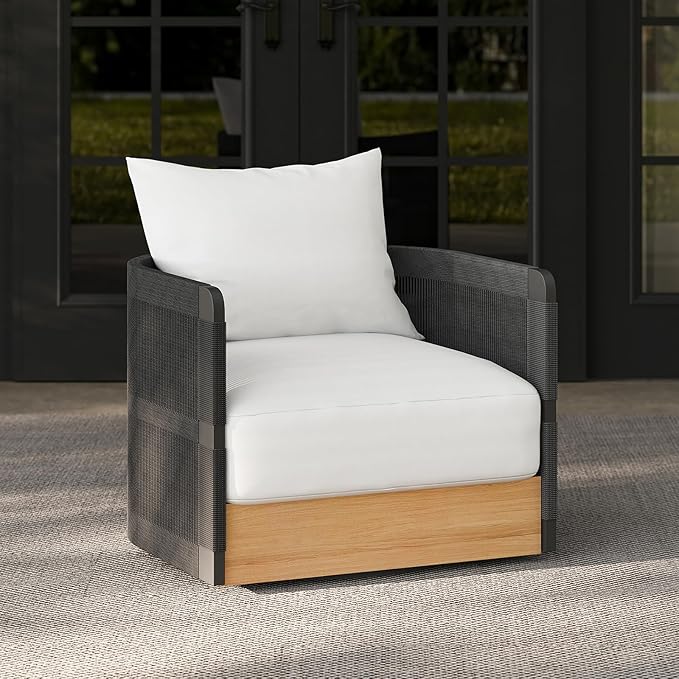 homary Rattan 360° Swivel Chair, Outdoor Chair Wicker Furniture with Thickened Cushions and Aluminum Frame for Garden, Balcony, Indoor, Black and Gray