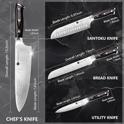 4 Pieces Professional Kitchen Knife Set, Damascus German Stainless Steel Chef Knife Set With Wooden Box, 8" Chef Knife, 5" Utility Knife, 8" Bread Knife, 7" Santoku Knife, Gift for Men Women Christmas