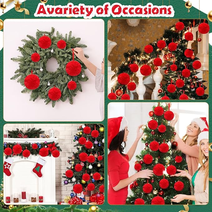 24 Pcs Red Furry Christmas Ball Ornaments for Tree 2.36/3.15/3.94 Inches Pom Pom Ball Christmas Hanging Decoration for Party Supplies Fireplace Mantel Wall Decor