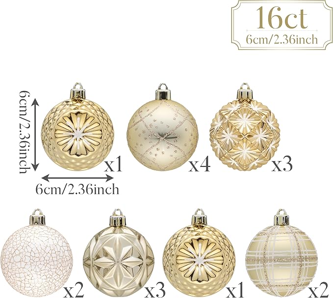 Valery Madelyn Ornaments for Christmas Trees, 16ct 2.36 Inches White and Gold Shatterproof Christmas Tree Decorations, Luxury Hanging Ball Ornaments for Xmas Holiday Party Decor