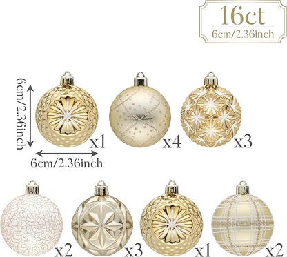 Valery Madelyn Ornaments for Christmas Trees, 16ct 2.36 Inches White and Gold Shatterproof Christmas Tree Decorations, Luxury Hanging Ball Ornaments for Xmas Holiday Party Decor